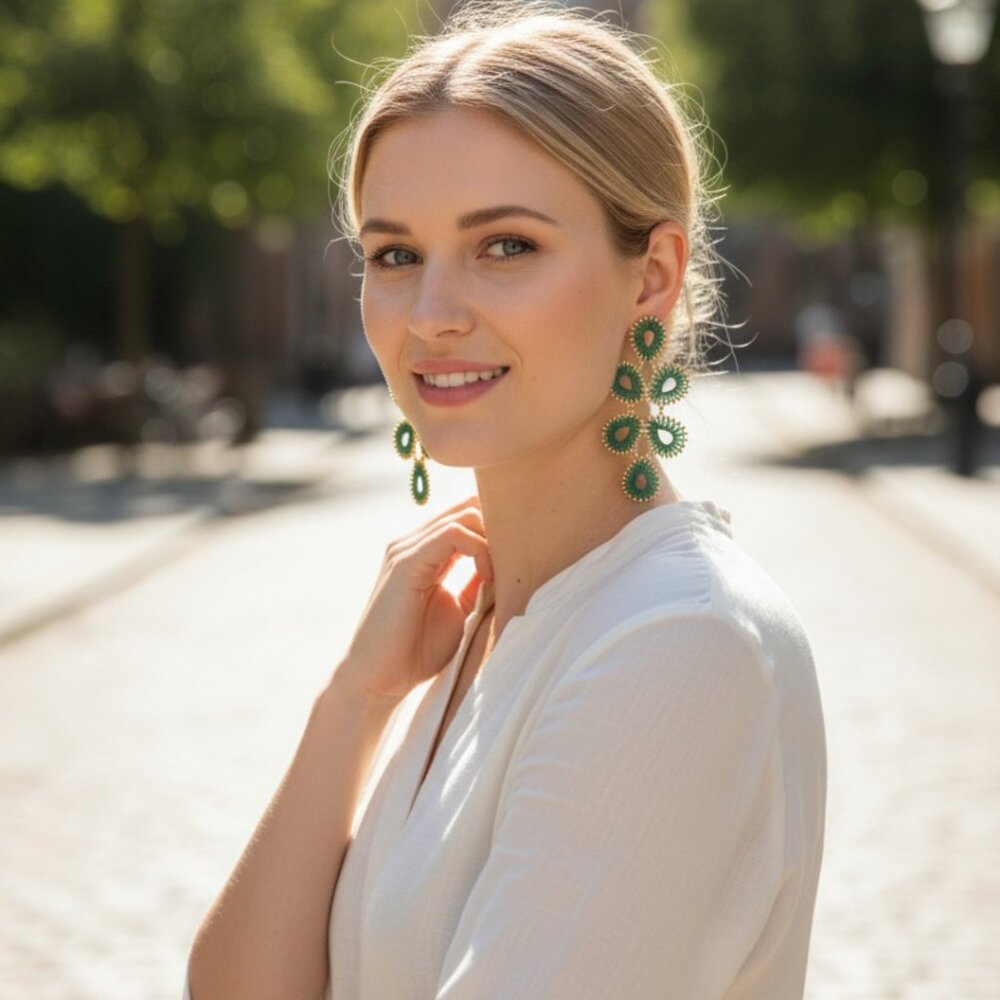 Designer Shashi Kaimana Green & Gold statement Dangling Pierced Earrings